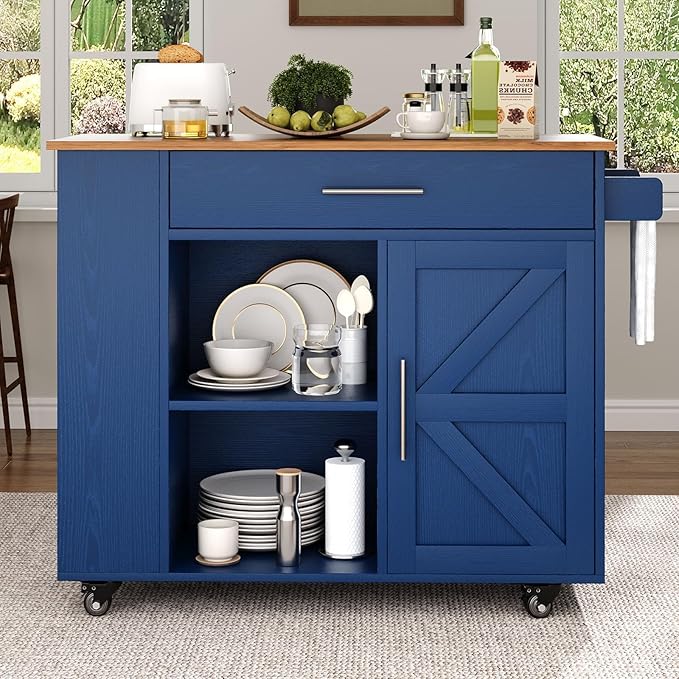 4 EVER WINNER Kitchen Island Cart with Storage, Island Table for Kitchen with Spice Rack & Towel Rack, Cabinet & Drawer, Rolling Microwave Cart with Open Shelves, Blue