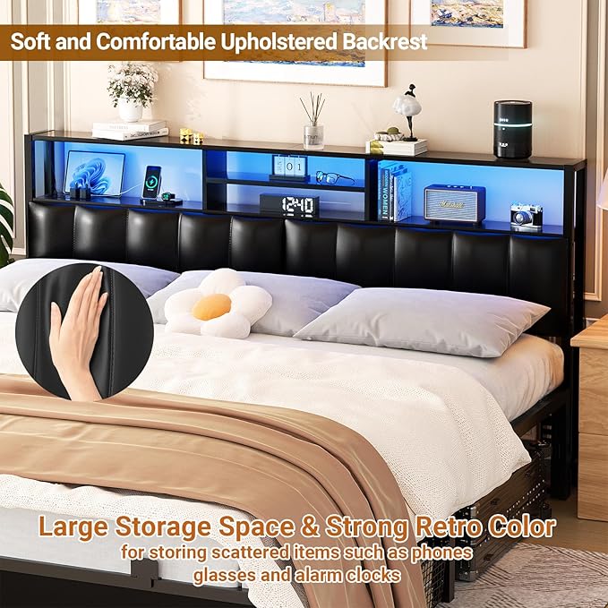 Aheaplus Headboard for King Size Bed with Storage, Upholstered Headboards with Outlets, USB Ports and LED Light, Reversible King Size Head Board, Height Adjustable, Comfortable Headboard, Black