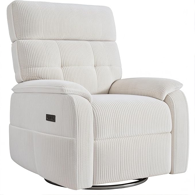 Claiks Power Swivel Rocker Recliner Chair, Oversized Recliner Chairs for Adults, Corduroy Overstuffed Reclining Chair with USB and Type-C Ports for Living Room, White
