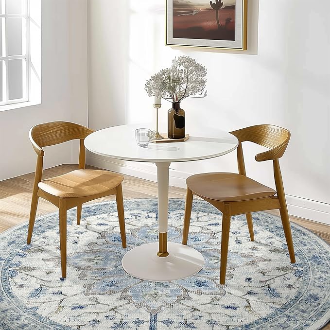 Area Rugs 6ft Washable Non-Slip, Floral Vintage Distress Print Pattern Medallion Carpet for Living Room Bedroom Dining Room, Light Blue Navy Beige Gray White