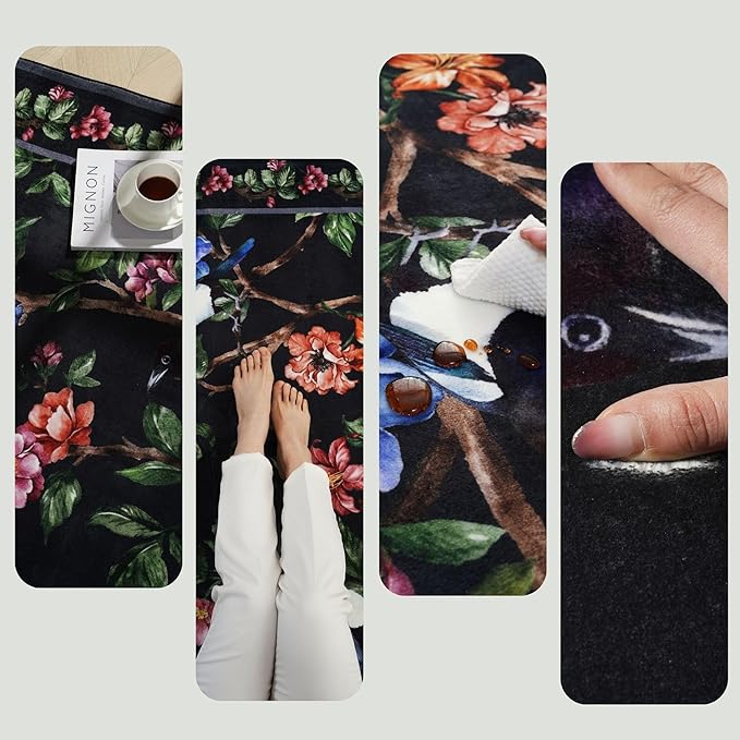 Runner Rug for Kitchen 2'6"x8' Washable Rugs with Rubber Backing Soft Floral Bird Magpies Floral Animal Carpet Runner for Kitchen, Laundry, Bedroom, Bathroom (Black)