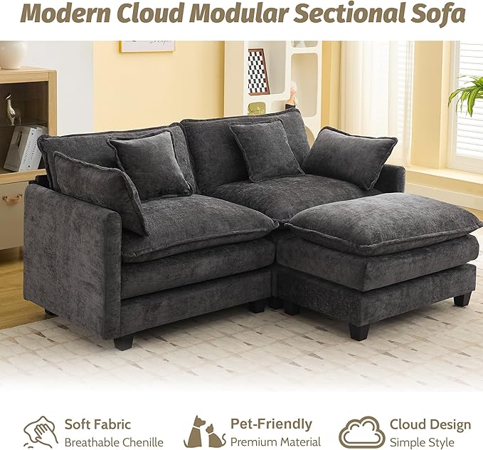 76'' Cloud Deep Seat Loveseat Sofa, Upholstered Chenille Modular 3-Seats Sectional Sofa Couch with Movable Ottoman, Modern Comfy Settee Loveseat for Living Room Set, Small Apartment, Dark Grey