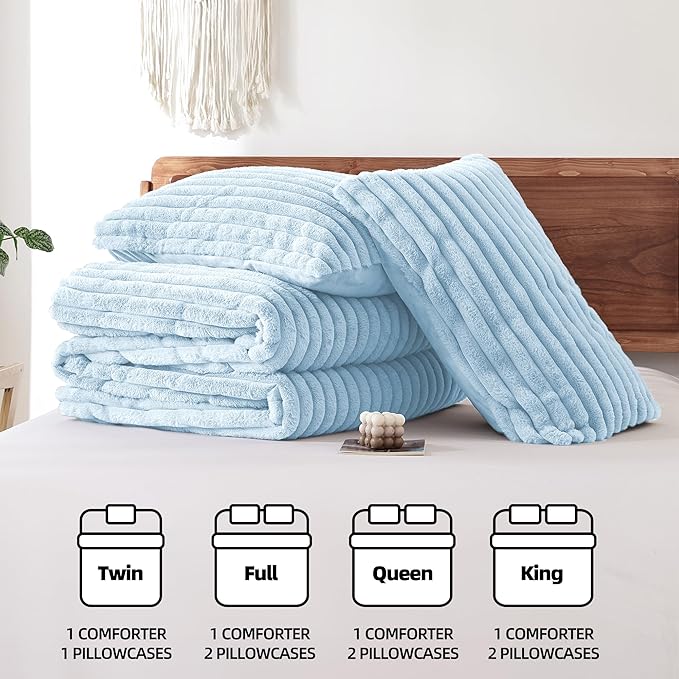 Smoofy Fluffy Twin Comforter Sets 2 Pieces - Light Blue Fleece Fluffy Comforter Set, Luxury Fuzzy Twin Bedding Set, Soft Warm Comforter All Season, Heavy Faux Fur Comforter with Pillow Cases