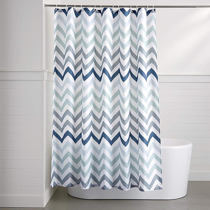 Amazon Basics Bathroom Shower Curtain, Water Resistant Fabric with Grommets & Hooks, Machine Washable, 72"x72" , Blue Ombre Chevron
