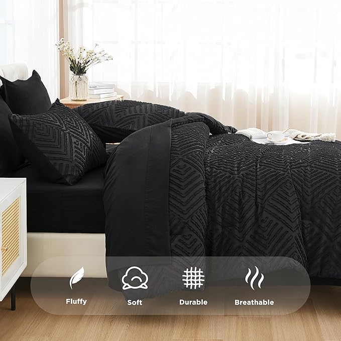 Andency Super King Comforter Set with Sheets Black - 7 Pieces Bed in a Bag Super King Boho Lightweight Fluffy Tufted Bedding Sets with Comforter, Sheets, Pillowcases & Shams