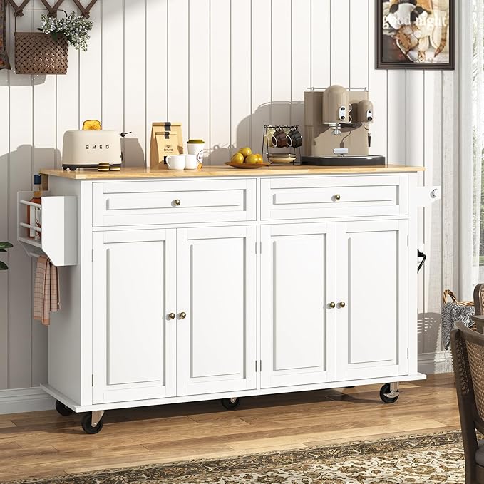 63" Movable Kitchen Island with Drop Leaf and Power Outlet, Rolling Island Cart w/Storage Cabinet, Island Table on Wheels for Kitchen w/2 Drawers, Spice Rack, Towel Bar, Garage Hook, White