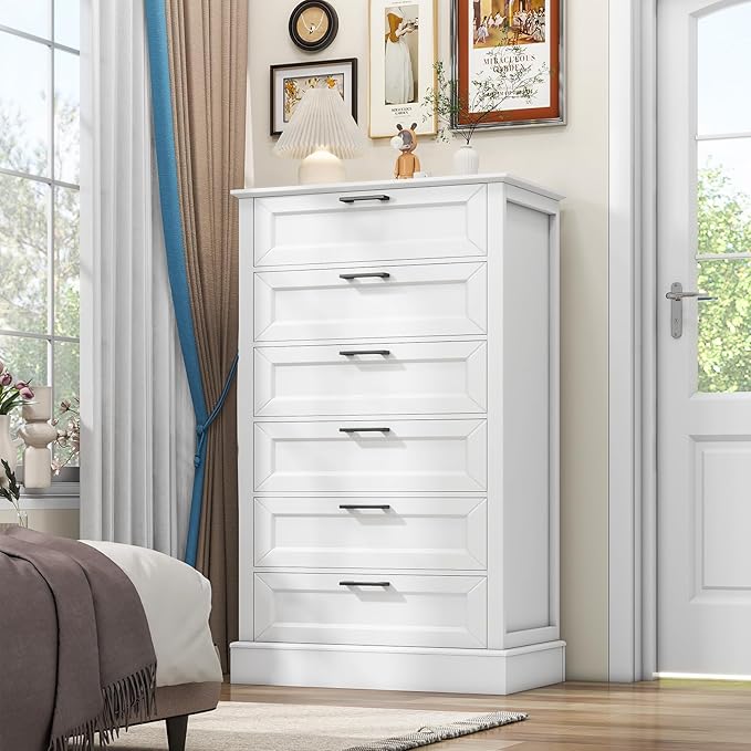 White 6 Drawer Dresser, 55 Inch Tall White Dresser for Bedroom, Modern Farmhouse Style Chest of Drawers for Bedroom Living Room, Wood Rustic Tall Clothing Organizer for Closet, Living Room, Hallway