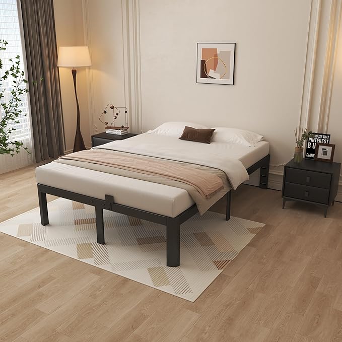 14 Inch Queen Bed Frame, Black Bed Frame Queen Size with Metal Baffles, No Box Spring Needed, Heavy Duty Steel Platform Support to 3500LBS, Round Corner Design, Noiseless, Storage Space