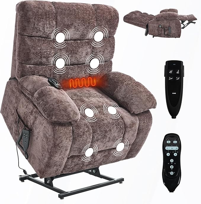 Lay Flat Recliner with Vibration Massage and Lumbar Heating, 26" Wide Recliner with Infinite Position and 2 Remote Controls, Soft Chenille Lift Chair for Living Room, Chocolate