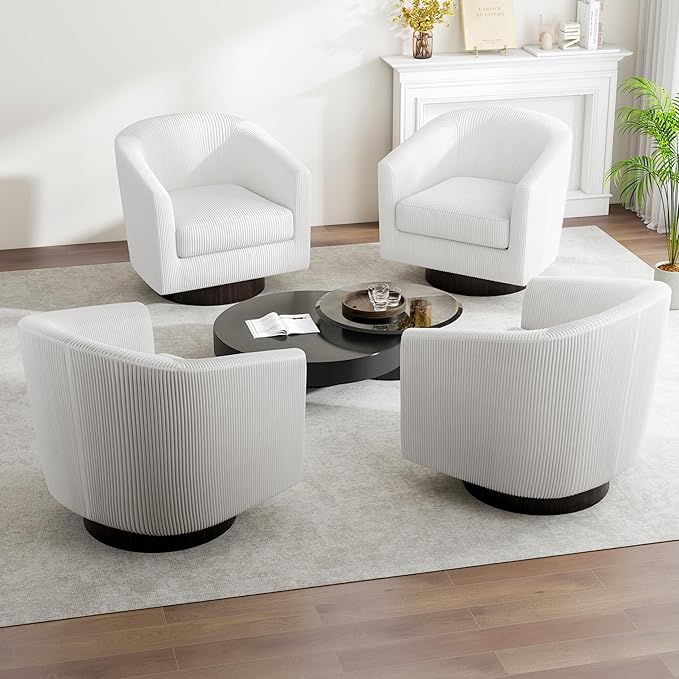 Swivel Barrel Accent Chair, Modern Round Corduroy Fabric Arm Chair for Living Room, Bedroom, Comfy Club Reading Chairs for Adults (Corduroy Beige, Set of 2)