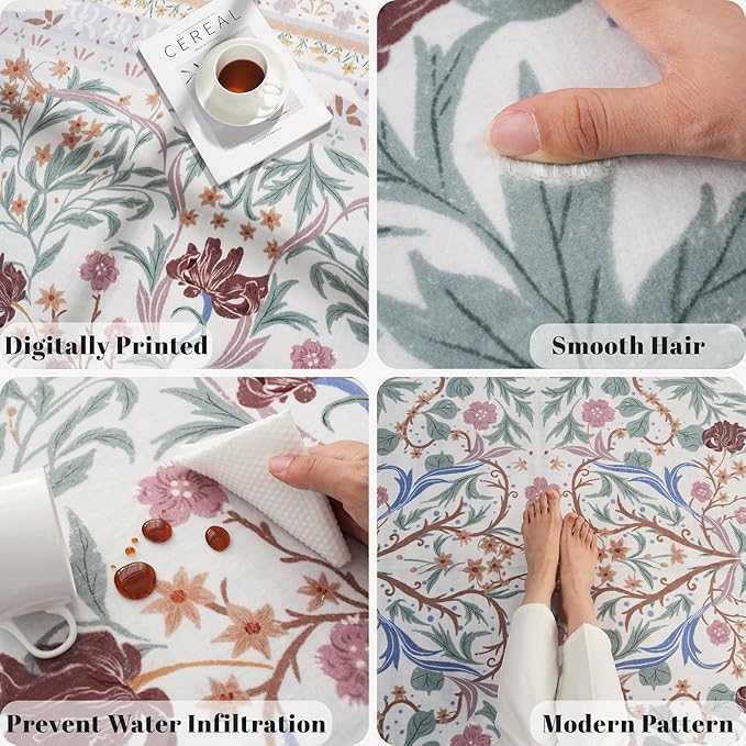 Area Rug 4x6 Rug Washable Vintage Floral Botanical Rugs Non Slip Low Pile Small Carpet for Bedroom, Bedside, Kids Room, Office, Dining Room, Beige