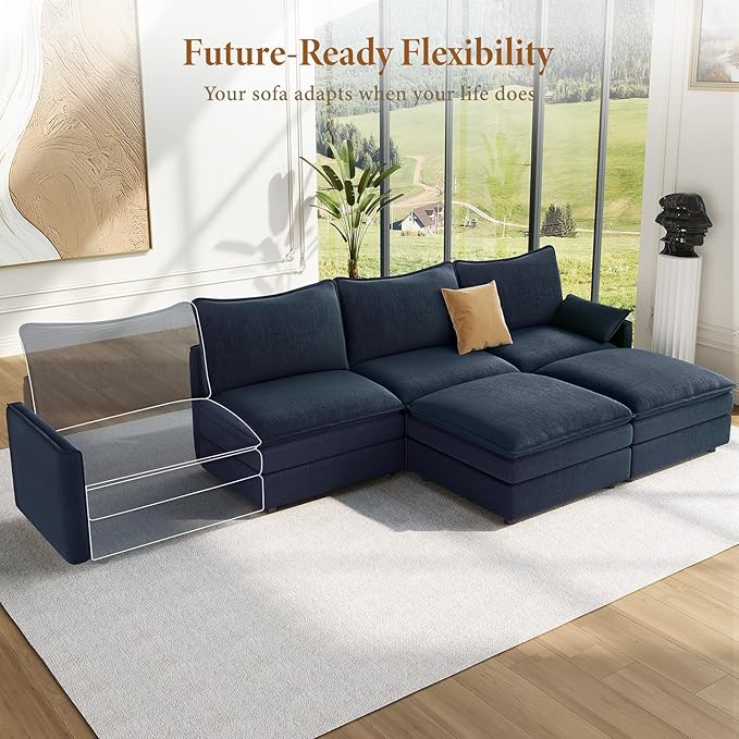 Vesgantti 108" U Shaped Sectional Couch, Comfy Cloud Modular Sectional Sofa with 2 Ottoman Deep Seat Chenille Modern Cloud Sofa, Modular Sofas for Living Room, Bedroom and Apartment, Blue