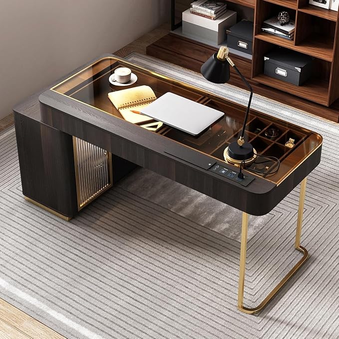 Lartis Office Desk, Very Easy to Assemble, Computer Desk, Home Telescopic Writing Desk, Modern Computer Desk with Retractable Cabinet Built-in LED Lights (Black Brown, 47 in)