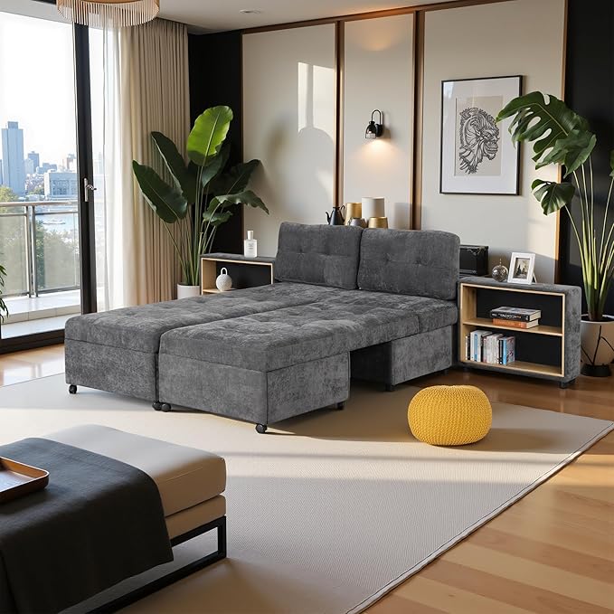 121.2" Sectional Couch, Versatile Sofa Bed Modular Sofa with Two Storage Racks, Sectional Couches for Living Room and Office, Dark Grey