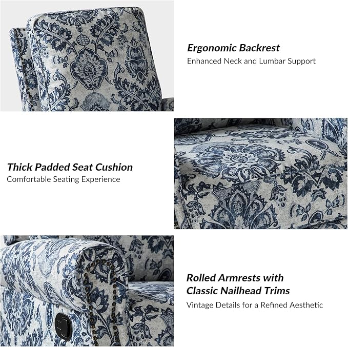 HULALA HOME Rocker Recliner Set of 2, Modern Printed Fabric Swivel Glider with Adjustable Backrest & Footrest, Upholstered Manual Recliner Chair Home Theater Singe Sofa for Living Room Bedroom, DAMASK