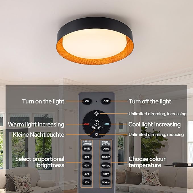12 Inch LED Flush Mount Ceiling Light with Remote, 18W Flush Mount Light Fixture in Balck and Wood Finish, Dimmable Ceiling Light for Bedroom, Hallway, Entryway, Bathroom, Kitchen