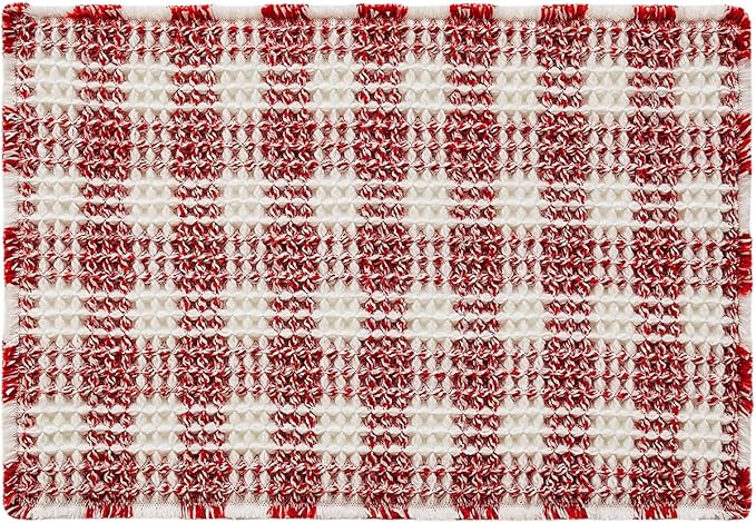 Waffle Bath Mat, Boho Bathroom Rugs Non Slip Washable Absorbent Checkered Bathroom Mat Quick Dry Cute Bath Mat, 30"x20" Red and White