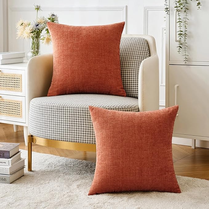 MIULEE Fall Pack of 2 Couch Throw Pillow Covers 20x20 Inch Soft Burnt Orange Chenille Pillow Covers for Sofa Living Room Solid Dyed Pillow Cases