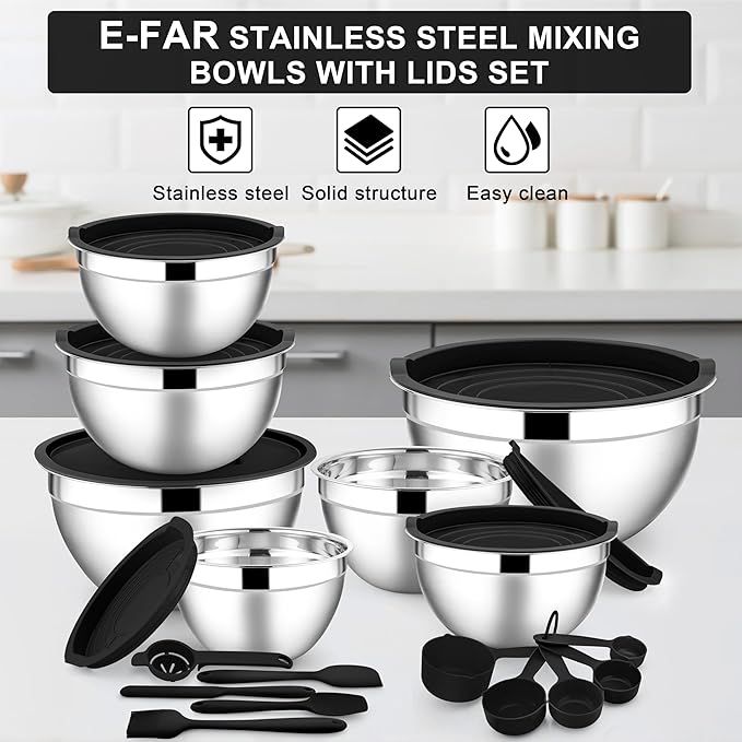 E-far Mixing Bowls with Lids Set, 21PCS Stainless Steel Salad Mixing Bowls with 3 Grater Attachments, Size 7, 4.6, 3.5, 2.6, 2, 1.5, 1QT, Nesting Design & Black Airtight Lid, For Baking/Prepping