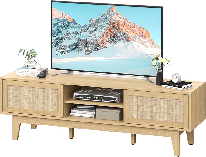 Boho TV Stand for 55 65 Inch TV, Rattan Entertainment Center with Shelves, Cabinets and Sliding Doors, TV Media Console Table with Solid Wood Feet & Cord Holes for Living Room, Bedroom, Natural