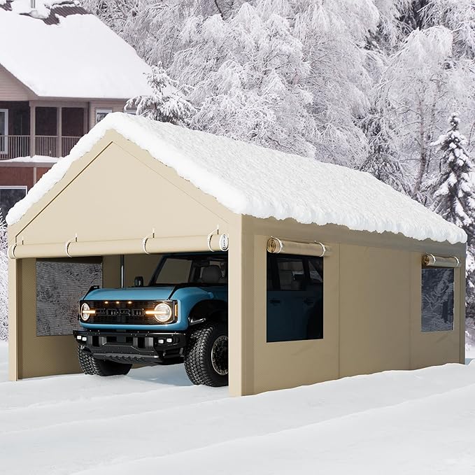 Walsunny Carport, 12x20 ft Heavy Duty Carport Canopy with Roll-up Windows, Portable Garage with Removable Sidewalls & Doors, Car Canopy with All-Season Tarp for Car, Truck, Boat