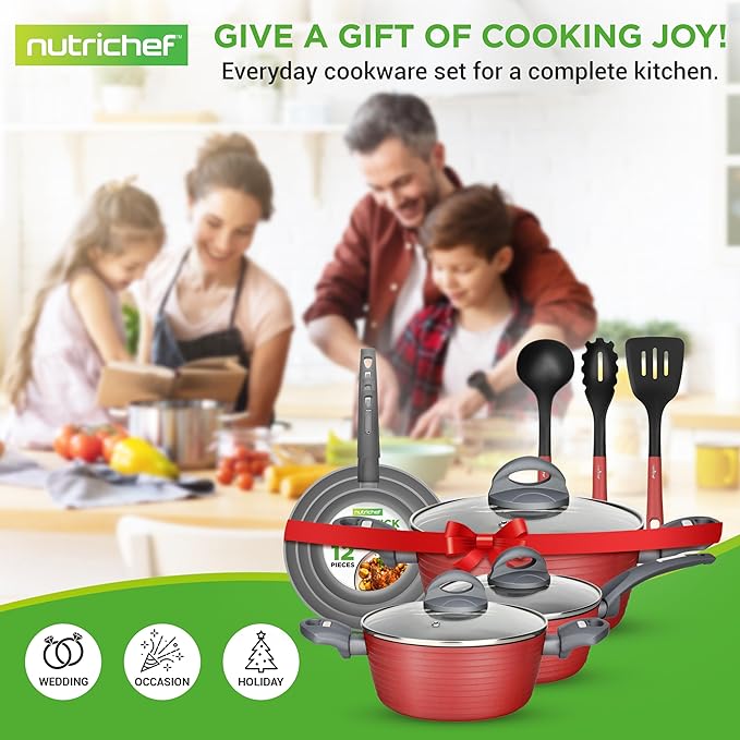 NutriChef 12-Piece Hard Anodized Nonstick Cookware Set - Induction Ready Pots & Pans with Elegant Ridge-Line Pattern, Heat-Resistant Lacquer, Red