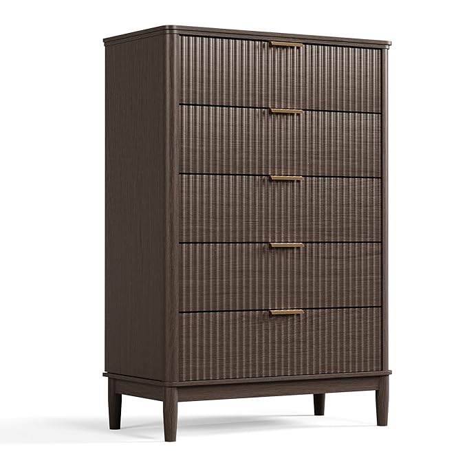 LINSY HOME Fluted Dresser for Bedroom with 5 Drawers, 46" Tall Chest of Drawers, Mid Century Modern Dresser with Metal Handle, Wood Closet Storage Cabinet for Living Room, Hallway, Walnut