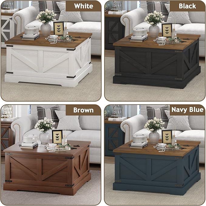 Farmhouse Coffee Table with Hidden Storage Compartment, Square Coffee Table for Living Room, Wood Center Table with Hinged Lifting Tabletop for Home, Rustic Brown
