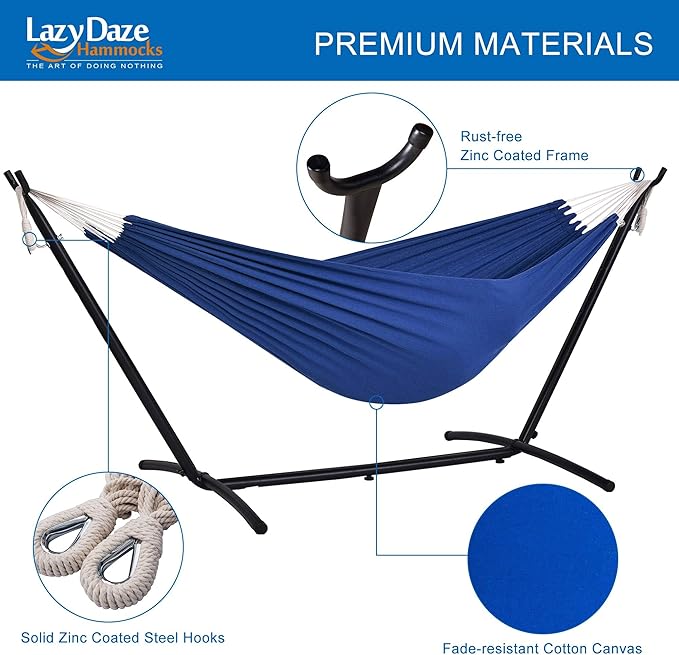 Lazy Daze Hammocks Double Hammock with 9ft Space-Saving Steel Stand Includes Portable Carrying Case, 450 Pounds Capacity (Dark Blue)