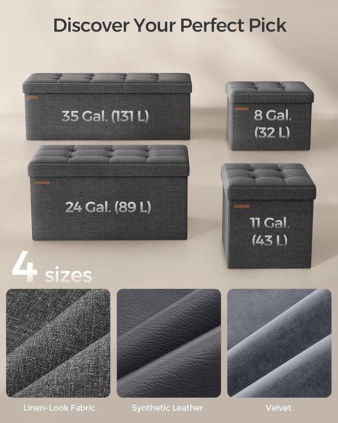 SONGMICS Folding Storage Ottoman Bench,38 x 38 x 38 cm, Ottoman Foot Rest, End of Bed Bench, Storage Chest, Load 300 kg, for Living Room, Bedroom, Entryway, Dorm, Dark Gray ULSF27Z