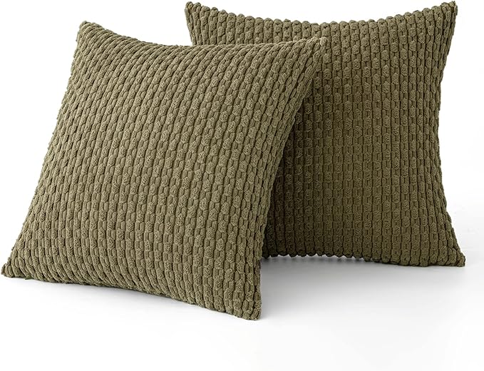 MIULEE Throw Pillow Covers Soft Corduroy Decorative Set of 2 Boho Striped Pillow Covers Pillowcases Farmhouse Home Decor for Couch Bed Sofa Living Room 16x16 Inch Olive Green