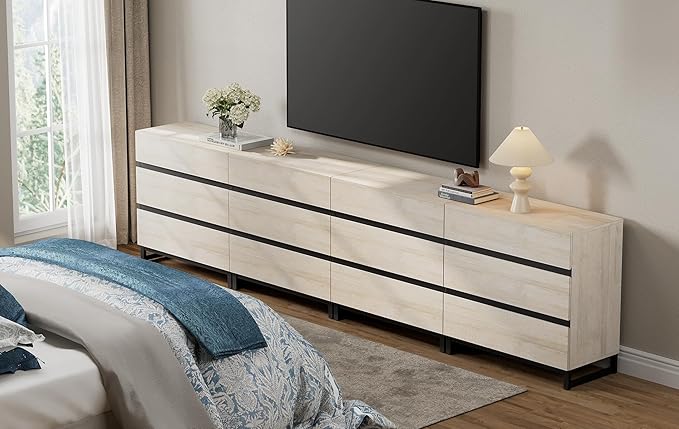 WAMPAT Modern TV Stand for TVs up to 120 inch, Entertainment Center TV Console with 12 Drawers and Metal Base, Media Console for Living Room, Bedroom, Light Oak