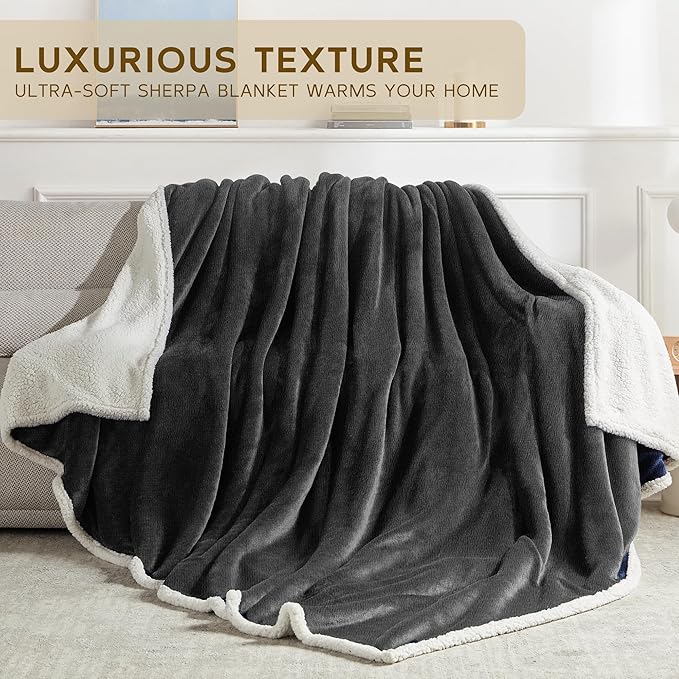 BEAUTEX Sherpa Fleece Throw Blanket Queen Size for Bed - Thick and Warm Blanket for Winter, Fluffy Flannel Plush Queen Blanket, Fuzzy Grey Cuddle Blankets for Bed (90" x 90", Grey)