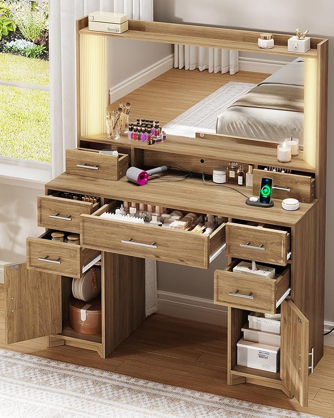 AOGLLATI Vanity Desk with Mirror and Lights, Makeup Vanity Desk with Lights, Large Mirror with Charging Station and 3 Color Lightbox, Vanity Table with 7 Drawers for Bedroom, Brown