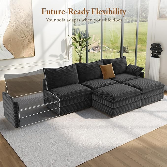 Vesgantti 108" U Shaped Sectional Couch, Comfy Cloud Modular Sectional Sofa with 2 Ottoman Deep Seat Corduroy Modern Cloud Sofa, Modular Sofas for Living Room, Bedroom and Apartment, Gray