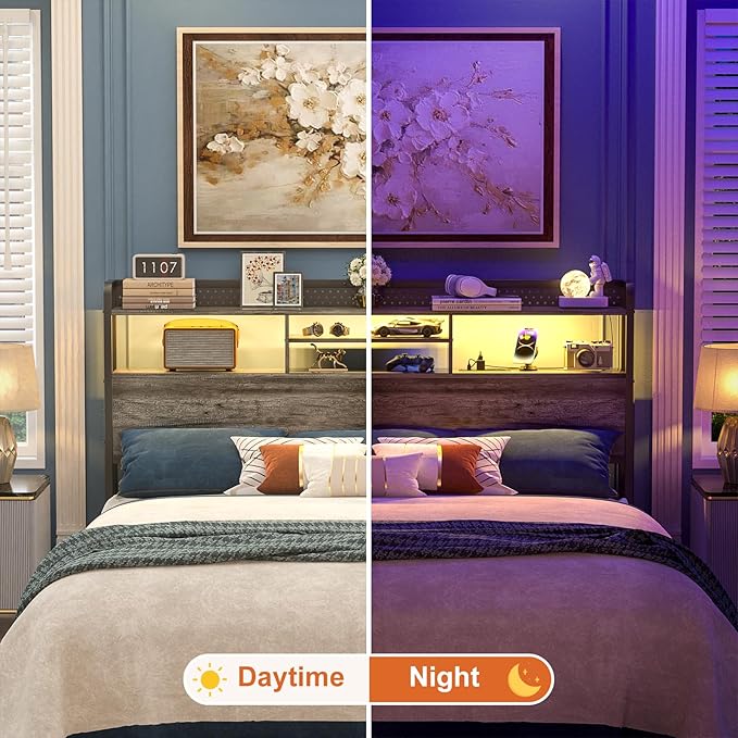 Unikito Headboard for Queen Size Bed with Storage Shelf, Head Board with 3 Outlets and 2 USB Ports, Headboards with RGB LED Light, Height Adjustable, Sturdy and Stable, Easy Assembly, Black Oak