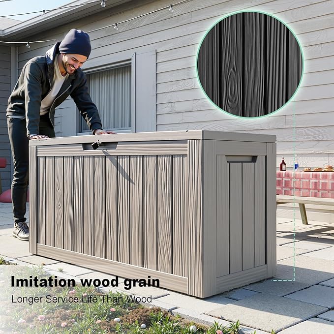 Vixzen 85 Gallon Resin Deck Box, Lockable Outdoor Storage Box for Patio Cushions Storage Furniture,Garden Tools, Pool Supplies, Weatherproof and UV Resistant-Grey
