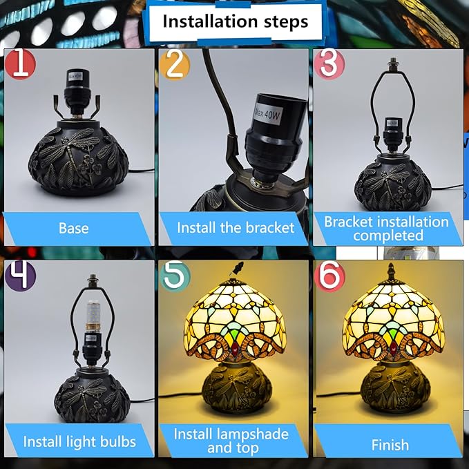 Small Tiffany Stained Glass Lamp, 3 Color Temperatures Bedside Lamp, 8 Inch Mushroom Desk Light for Bedroom Living Room Office Home Decor (Beige Baroque)