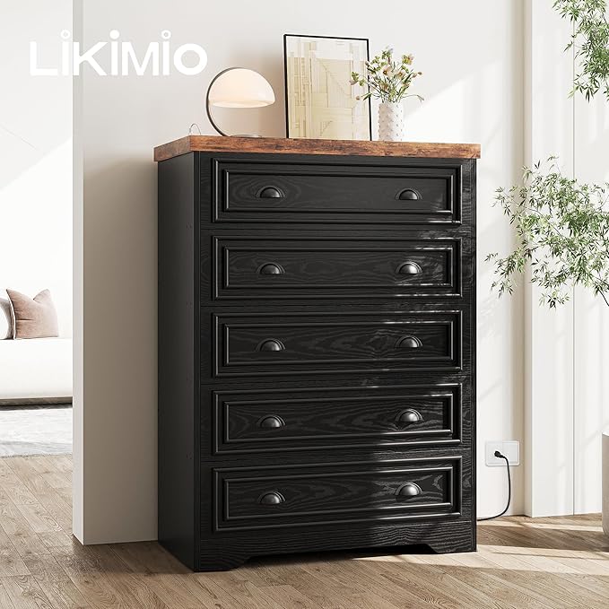 LIKIMIO 43" Tall 5 Drawers Dresser for Bedroom, Power Strip, Farmhouse Large Wood Dressers & Chest of Drawers with Wide Storage Cabinet, Black