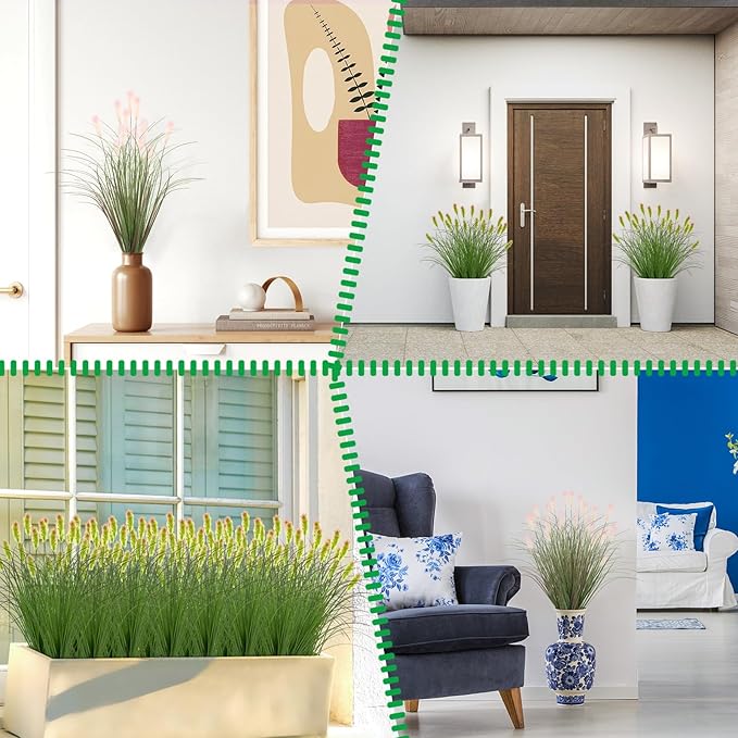 Artificial Grasses Plants Oudoor 12 Bunches Onion Grass Greenery with Plush Faux Fake Shrubs Plant Onion Wheat Grass for Outside Garden Indoor House Home Office Décor (Light Purple & Pink Plush)