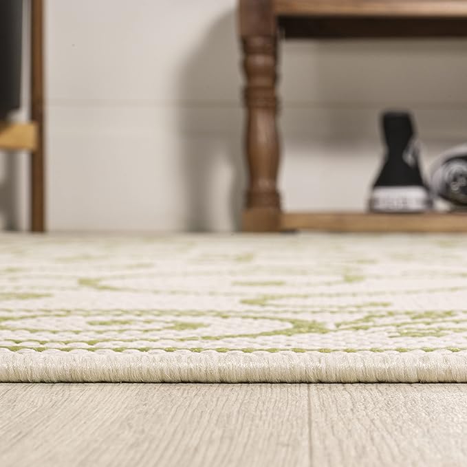 JONATHAN Y SMB106I-5R Charleston Vintage Filigree Textured Weave Indoor Outdoor Area Rug, Bohemian Coastal Traditional Easy Cleaning,Bedroom,Kitchen,Backyard,Patio,Non Shedding, 5' Round, Cream/Green