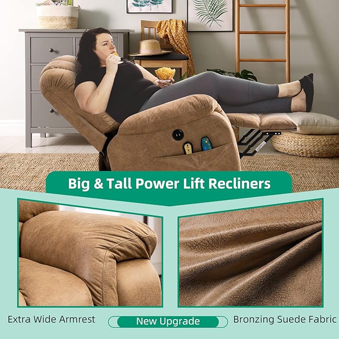 VIVIJASON Large Power Lift Chair Electric Recliner with Heat & Massage for Elderly Big People, Heavy Duty and Safety Motion Wide Recliners with 2 Remote Controls, Side Pockets & USB Ports, Sand