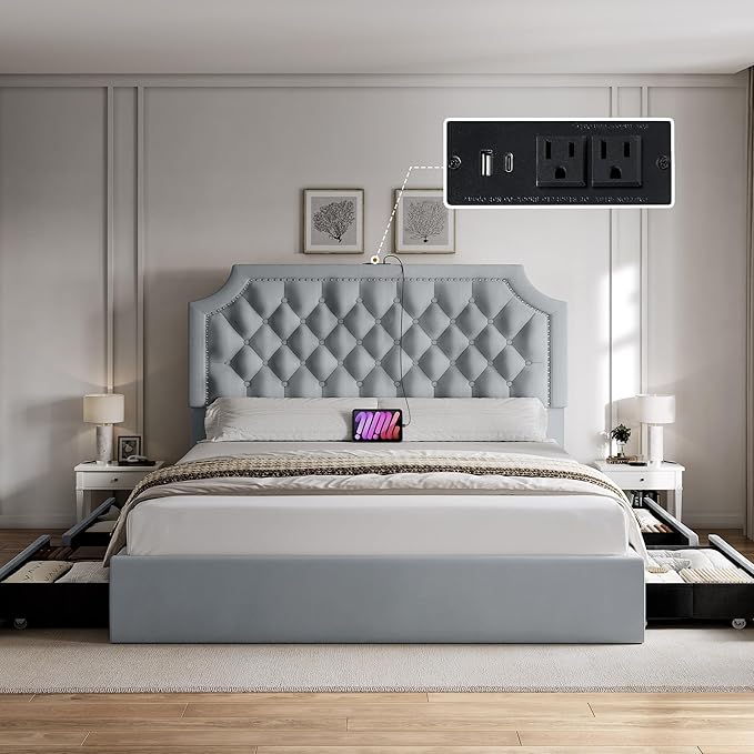 YITAHOME Full Size Bed Frame with Adjustable Headboard, 4 Storage Drawers and Charging Station, Velvet Upholstered Bed Frame with Button Tufted, No Box Spring Needed, Fast Assembly, Noise-Free, Grey