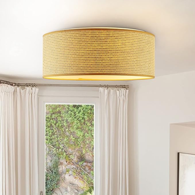 WINGBO 15.7" Modern 3-Light Flush Mount Ceiling Light Fixture with Fabric & Acrylic Double Drum Shade for Bedroom Living Room Dining Room Hallway Entryway, Flaxen