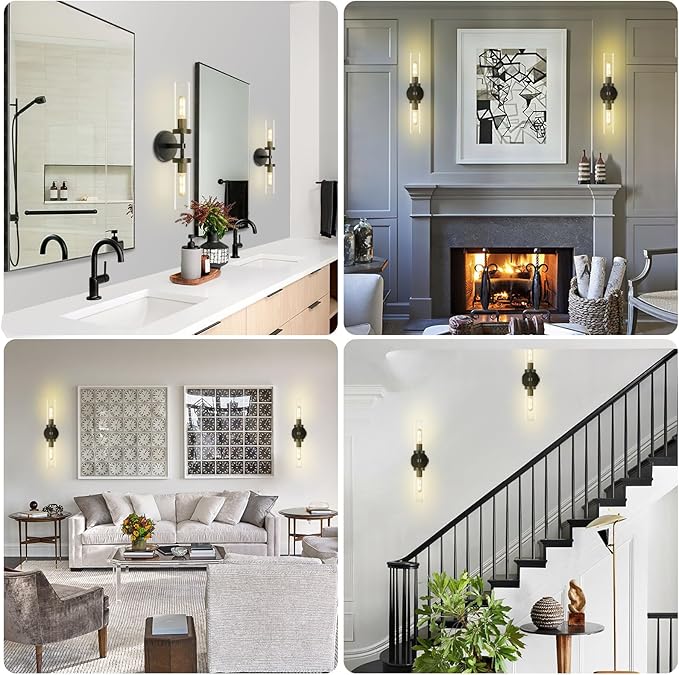 Black Bathroom Vanity Wall Sconces 2-Light Glass Tube Wall Sconce 21in Horizontal or Vertical Linear Wall Sconces Black Vanity Light Indoor Wall Sconce E26 Bulb Included