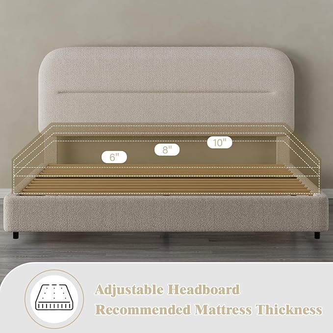 King Size Boucle Bed Frame, Upholstered Cloud Bed Frame with Headboard, Soft Platform Bed Frame with Thickened Footboard, Rounded Corners, No Box Spring Required, Easy Assembly, Cream