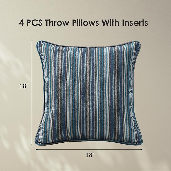 Sunbrella Decorative Outdoor Water Repellent Throw Pillows with Inserts, Set of 4, 18" x18" Pillows for Patio, Backyard, Bed, Couch, and Patio Furniture, Troupe Dock