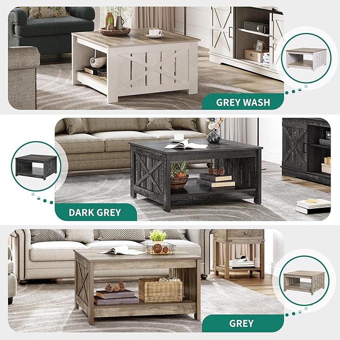 YITAHOME Coffee Tables for Living Room, Farmhouse Coffee Table with Storage Rustic Wood Cocktail Table, Square Coffee Tables for Living Meeting Room with Half Open Storage Compartment, Rustic Grey
