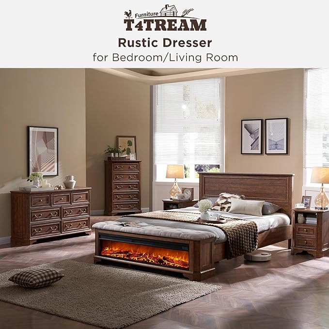 T4TREAM Farmhouse 7 Drawers Dresser for Bedroom, 54" Wide Wood Rustic Chest of Drawers with Natural Texture, Vintage Design, Storage Dressers Organizer for Bedroom, Living Room, Reclaimed Barnwood