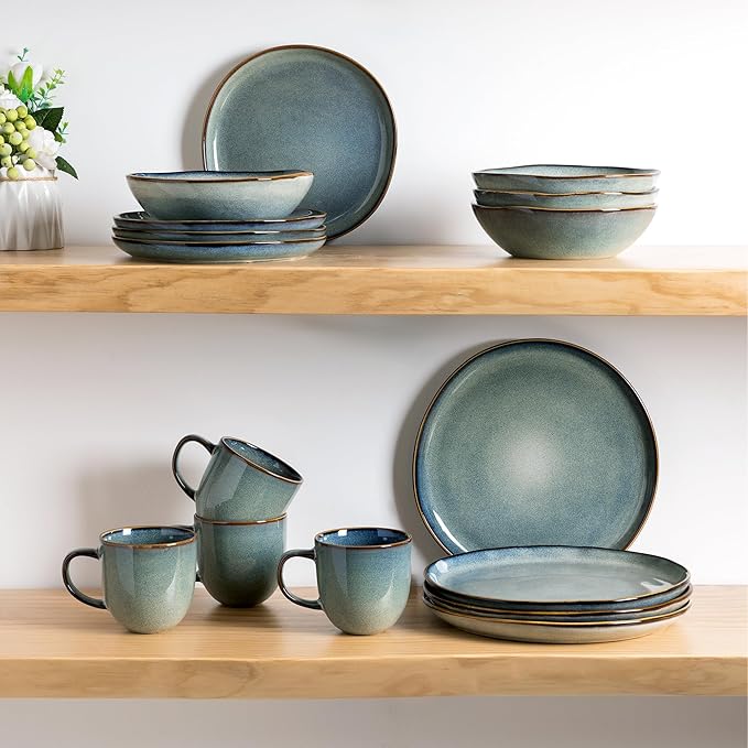AmorArc Ceramic Dinnerware Sets,Handmade Reactive Glaze Stoneware Plates and Bowls Sets with Mugs,Highly Scratch Resistant | Dishwasher & Microwave Safe Dishes Set,Service for 4(16 Pcs)